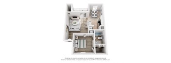 a stylized floor plan with a bedroom and a living room