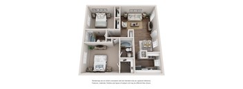 A 3D floor plan of a small apartment with two bedrooms, a living room, and a kitchen.
