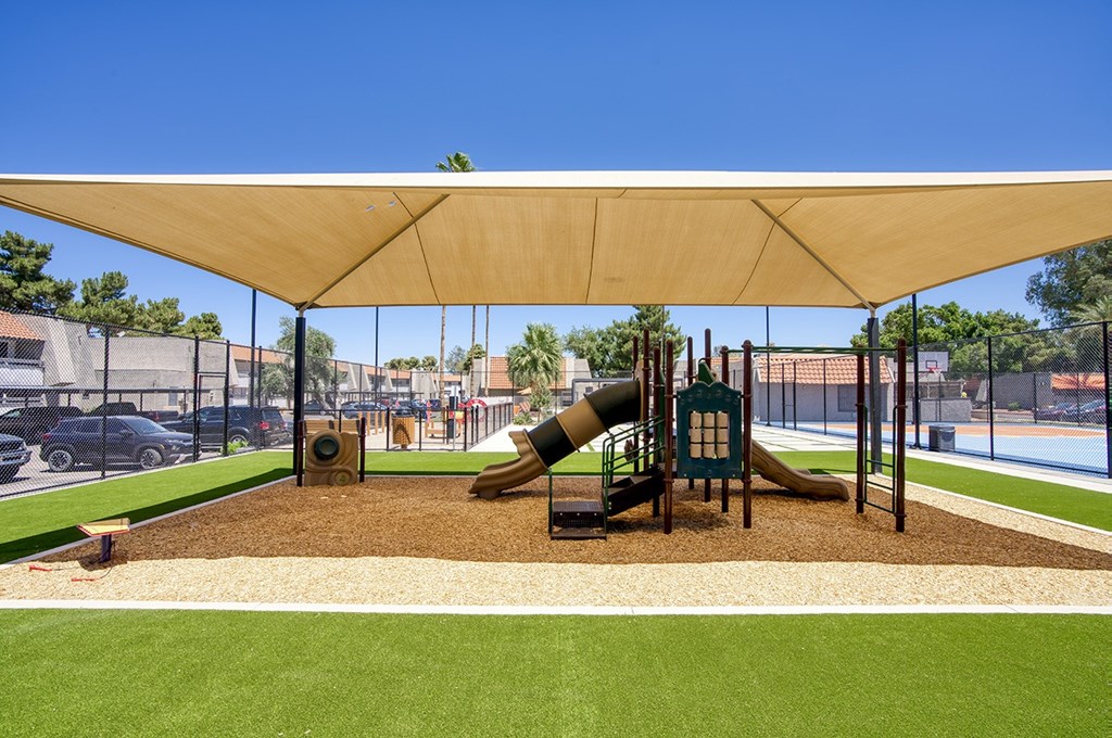 A playground with a slide and a canopy.