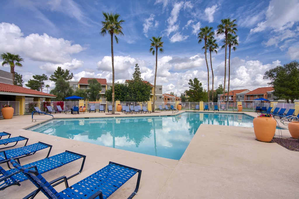 a large swimming pool with blue chaise lounge chairs and palm trees in the background at Valencia Park, Phoenix, AZ