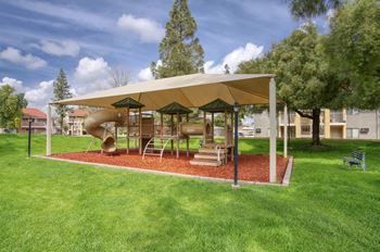 a playground with a slide and climbing equipment in a park