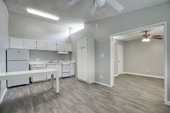 a kitchen and living room with a ceiling fan