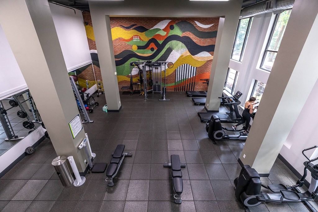 A gym with a variety of equipment including treadmills, weights and exercise machines.