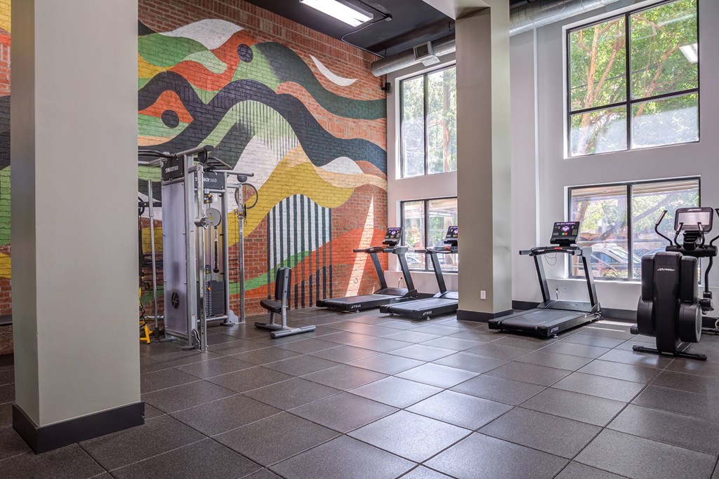A gym with treadmills and exercise equipment.
