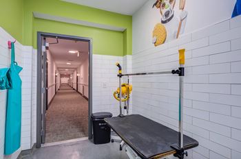 A room with a white tiled wall and a black trash can.