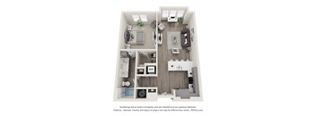 A 3D floor plan of a house with a kitchen, living room, and two bedrooms.