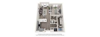 A 3D floor plan of a small apartment with a kitchen, living room, and bathroom.