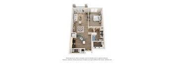 A 3D floor plan of a small apartment with a kitchen, living room, and bathroom.