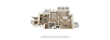 A 3D floor plan of a house with a kitchen, living room, and two bedrooms.