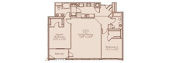 A floor plan of a house showing a master bedroom, a living/dining area, and a second bedroom.