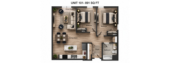 A floor plan of a 891 square foot apartment with a living room, two bedrooms, a dining room, a kitchen, a foyer, and a bathroom.