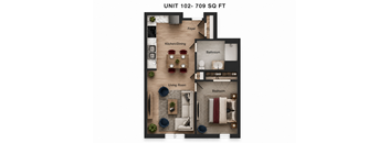 A floor plan of a 709 square foot apartment with a living room, kitchen/dining area, bathroom, and bedroom.