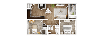 A top-down view of a small apartment with a kitchen, living room, and bathroom.