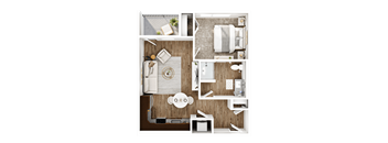 A top-down view of a small, neatly organized apartment with a kitchen, living room, and bathroom.