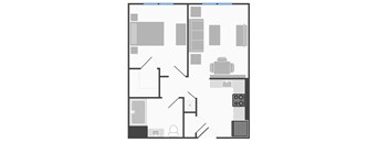 A floor plan of an apartment with a kitchen, living room, and bathroom.