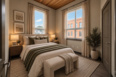 A bedroom with a large bed and a view of a building outside the window.