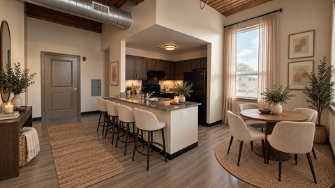 A modern kitchen with a dining area and a bar.