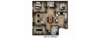 A floor plan of a 1059 square foot apartment with two bedrooms, a living room, a dining room, a kitchen, a foyer, and a bathroom.