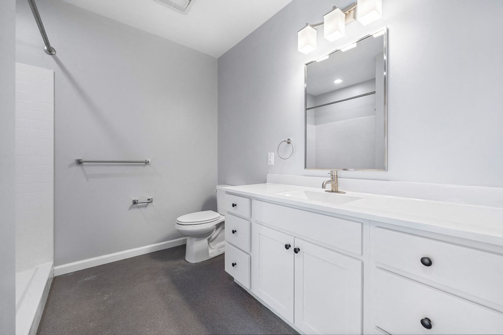 a bathroom with a white sink and toilet and a mirror