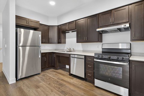 A modern kitchen with dark brown cabinets and stainless steel appliances.