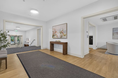 A modern living room with a grey rug and a wooden coffee table.