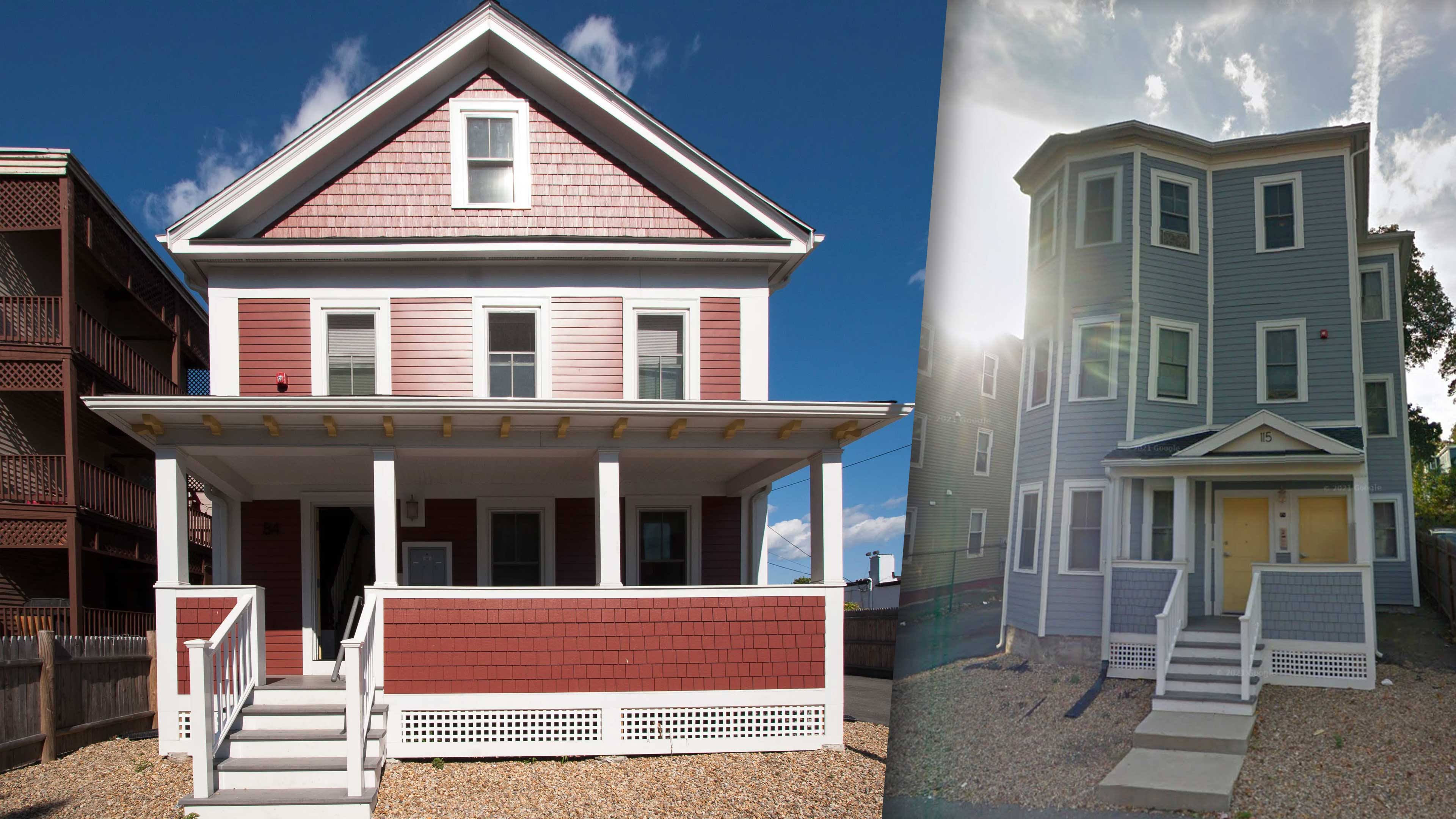 A red house with white trim and a porch.