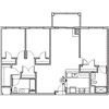 Unit Type E Enter into dining space with kitchen to the left, overlooking living space and balcony. Master with bath to the right, two beds and bath to the left.