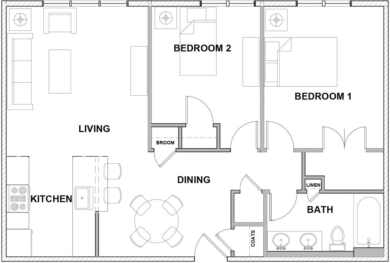 Two Bedroom Floor Plan Enter into dining space, kitchen and breakfast bar open to living space, bedrooms and bathroom to the right