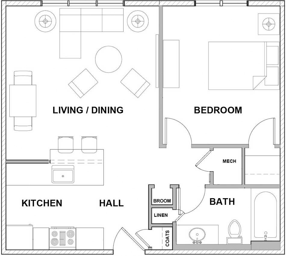 One Bedroom Floor Plan Enter near kitchen with breakfast bar open to the living space, bath and bedroom to the right.