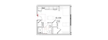 A floor plan of a room with a kitchen area and a bathroom.