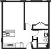 One Bedroom Floor plan features breakfast bar and open living space.