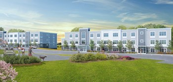 Architectural rendering of Brookside Terrace Shows greenspace, two 3-story buildings, diverse community.