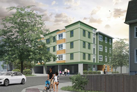 Modern 4 story building in a quiet residential neighborhood
