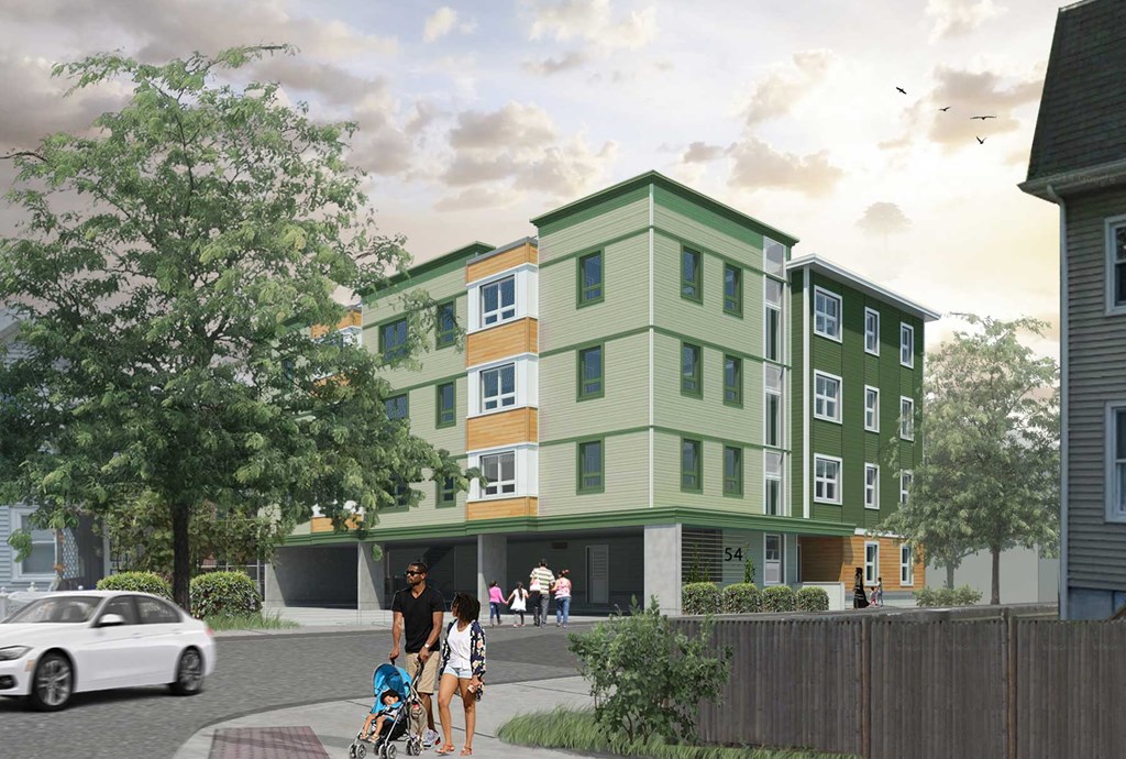 Squirrelwood Apartments - Rendering Modern 4 story building in a quiet residential neighborhood