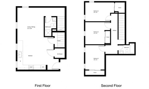 Downstairs large open floor plan 1/2 bath, bedrooms and bath upstairs.