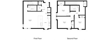 Open living space and full bath on first level. Bedrooms and full bath on upper level.