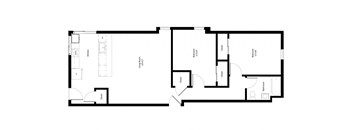 Open kitchen and living space with beds and bath to one side.