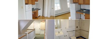 Four images of a kitchen, bathroom, hallway and staircase.