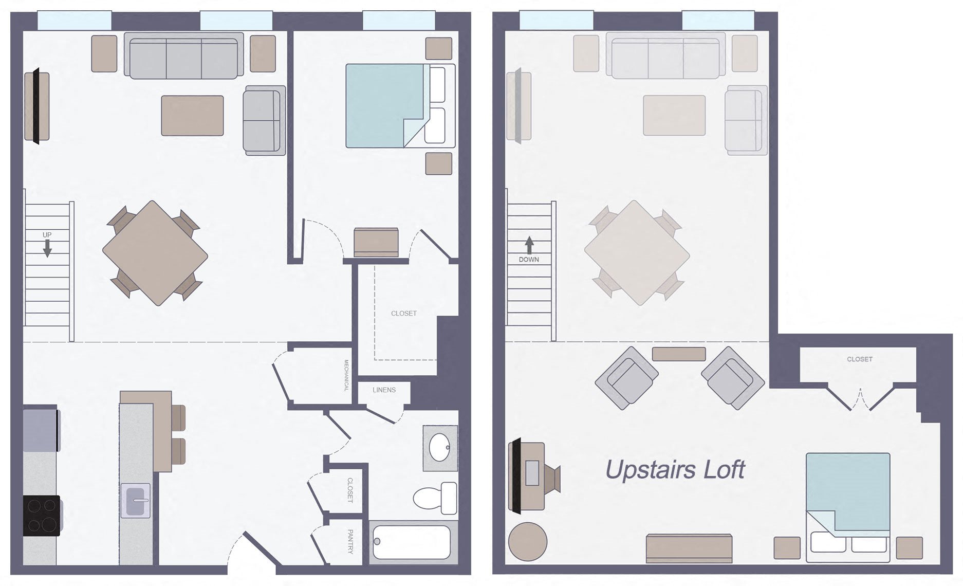Two bedroom floor plan with upstairs loft space