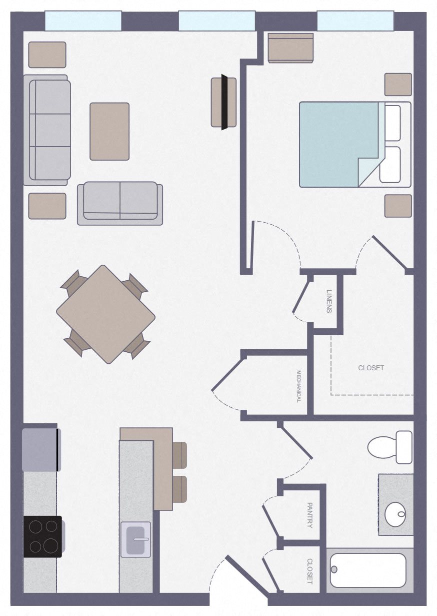 A one bedroom floor plan.