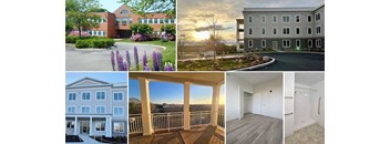 A collage of six different images showcasing various buildings and interiors.