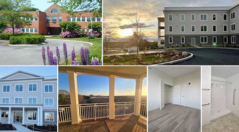 A collage of six different images showcasing various buildings and interiors.