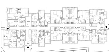 Building 1 - First Level Units 1-01 through 1-10 around a long central hallway. Units are 1, 2 and 3 bedrooms. Laundry room near units 1-01 and 1-02. - Photo Gallery 4