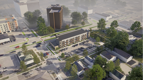 A rendering of a cityscape with a large building in the center and smaller buildings surrounding it.