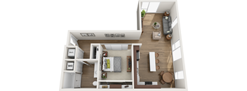 A top-dow1 Bedroom Floorplan 1Dn view of a modern apartment layout with a kitchen, living room, and bedroom.