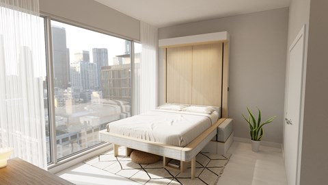 A bedroom with a large bed and a view of the city.