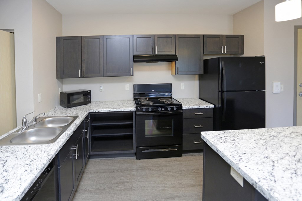 Aguilera | Large Kitchen with black cabinets and white granite countertops