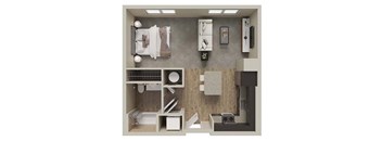 A 3D rendered image of a small apartment with a bedroom, bathroom, and kitchen.