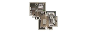 A top-down view of a house layout with a kitchen, living room, and bathroom.