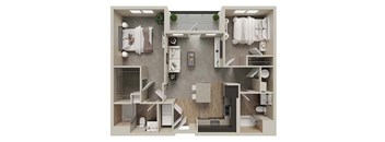 A top-down view of a small apartment layout with a kitchen, living room, and bathroom.
